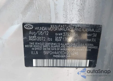 2013 Hyundai Elantra Gls z USA, uszkodzony, nr VIN 5NPDH4AE6DH209246